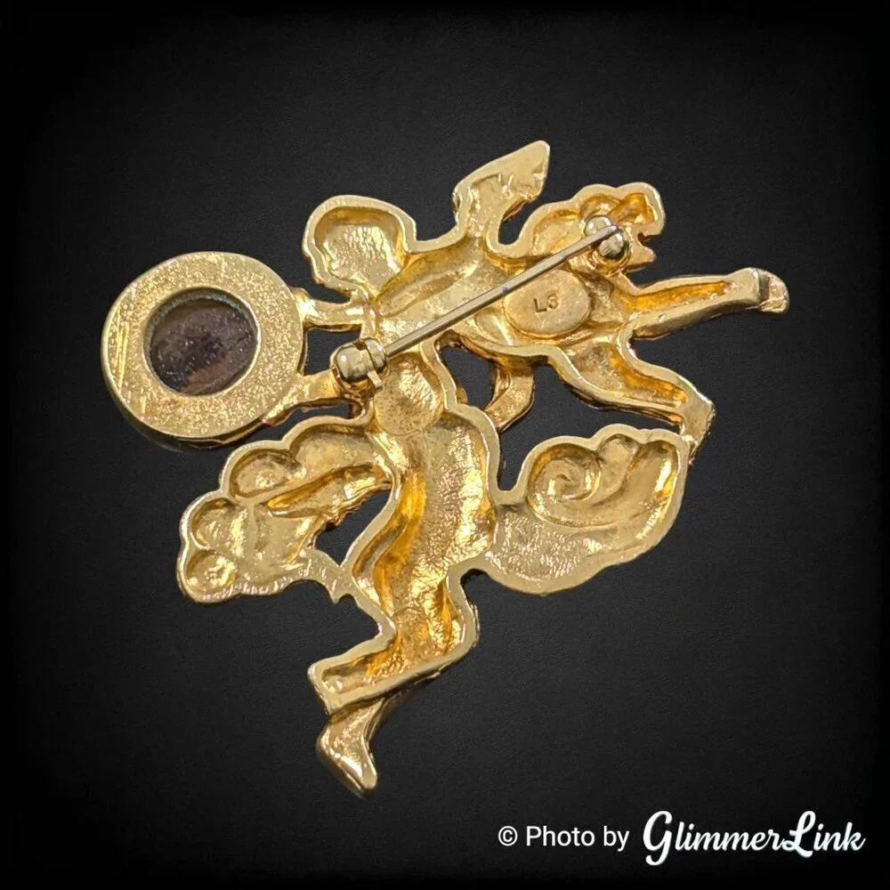 Vintage LS Cherubs Orange Brown Orb Cabochon Gold Tone Brooch Pin